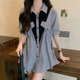 Lady Patchwork Striped Loose Blouse Female Clothing Stylish Shirring Single-breasted Summer Korean All-match Midi Shirt-Outfit