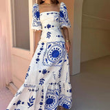 Fongt 2024 Women's Wear Elegant Fashion Printed Lantern Short Sleeve A Line