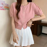 Fongt Kong Flavor Retro Round-Neck Short-Sleeved Knitted Shirt Girls Summer Thin Design Slim Short Thin Open Shirt Top