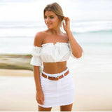 Fongt Women's Short Crop Summer Lantern Sleeves Sexy Shoulder With Frilly T-Shirt Women's Top Direct-Outfit
