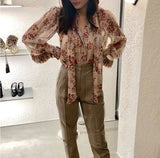 Tingfeng's PINK PETAL printed bow tie, pressed folding lotus leaf long sleeved shirt