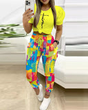 Fongt Women's Two Sets Of Short-Sleeved Commuting Print Trousers