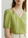 V-neck Women Shirt Bubble Sleeve Design Sense Solid Color Commute Chic Style Summer 2022 New Casual Female Blouses