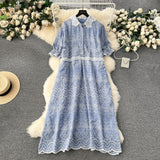 Heavy Industry Embroidered Lace Lapel Collision Color Splicing Loose Slim Long-Size Women's Holiday Dress-Outfit