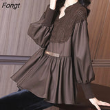 Autumn V-neck Loose Korean Women Clothing Casual Elegant Ruffle Solid Long Sleeve Office Lady Knitted Patchwork Tunic