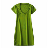 New Large U-Necked Dress Summer Solid Color Leisure Basic Medium-Long Short-Sleeved T-Shirt Skirt-Outfit