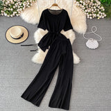 Suit Goddess Fan Irregular Round Collar Knit Blouse Two-Piece Set Of High Waist Thin Wide Leg Trousers-Outfit