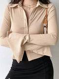 Polo Neck Long Sleeve Rib Blouse-Outfit