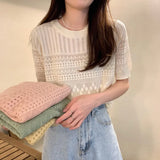 Fongt Version Of Chic Summer Sweet Round Collar Hooded T-Shirt Design Hollow Flowers Thin Knitted Shirt