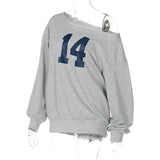 Number Printed One Shoulder Loose Sweatshirt-Outfit