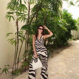 Fongt Women's Explosive Zebra-Shed Linen-Blend Vest Broad-Legged Casual Trousers