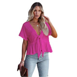 Fongt Summer New Women's Pure Color Splicing Loose Short-Sleeved Strap Lotus Edge Top