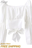New Women Simple Cropped Tops Pleated Slim Sexy Female Long Puff Sleeve Bandage Bow Square Collar Vintage All-match