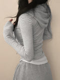 Fongt Fresh Sweet Spicy Wind Striped Hooded Collar Jacket With Thin Short Cardigan Long-Sleeved Top Autumn Dress New