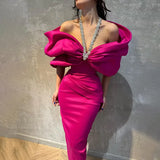 Fashion Temperament Dress Women 2025 Summer New Water Drill Hanging Neck Bow Splicing Design Long Bag Butt