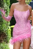 High-End Women's Sexy Lace Perspective Spliced Feather Girded Boobs Elegant Temperament Dress