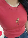 Women Soft Cotton Red Deer Embroidery Tees 2023 Summer Fashion Ladies O Neck Casual Female Short Sleeves Slim Tops-Outfit