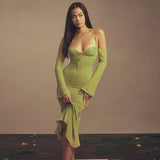 Fongt High Waist Hanging Neck Sexy Back Solid Color Slim Fish Tail Temperament Dress Long