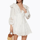 New Arrive White Dot Lace Dress Women Summer Sexy V-neck Lantern Sleeve Ruffles Hollow Out Embroidery Dresses Boho