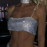 New Solid Women Sleeveless Crop Top Fashion See Through Metal Spaghetti Strap Sparkly Rhinestone Beach Tank Top