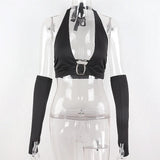 Dark Punk Y2k Black Sexy Halter Tops Women's Gothic Bandage Cyber Crop Top With Sleeve Gloves Metal Buckle Backless