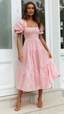 Plaid Puff Sleeve Midi Dress-Outfit