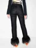 Fongt Luxury Wind Ostrich Hair Splicing Straight Pants 2024 Spring Style High Waist Foreign Style Versatile Show Thin Casual Jeans Tide-Outfit