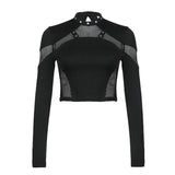 Gothic Black Crop Top Chic See Through Mesh Patchwork Full Sleeve Skinny Basic T-shirt Women Punk Style Stitched T Shirts-Outfit