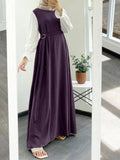 Women Muslim Abaya Maxi Dress Casual Solid Patchwork Long Sleeve Belted Vestidos Kaftan Clothing Vintage Sundress