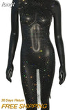 Wmen Mini Dress Sparkly Rhinestone Mesh Transparent See Through Clubwear Sleeveless Sequin Diamonds Hollow Out Party