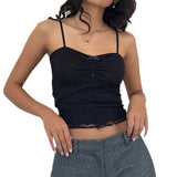 Fongt Desire Sweet Wind Lace Splice Draw Pleated Bow Sling Female New V Collar Slim Small Vest-Outfit