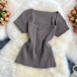 Fongt Spice Sister Wind Short T Shirt Short Sleeve Design Sense Small Square Collar Machine Dew Collarbone Crop Sweater Jacket Female-Outfit