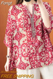 Vintage Printing V-neck Loose Women's Clothing 2023 New Chic Korean New Style Simple Diamonds Half Sleeve Blouses