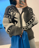 Deer Jacquard Hooded Knitting Zipper Cardigan-Outfit