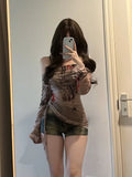 One Shoulder Graffiti Print T-shirts Summer Thin Mesh Long Sleeve Tees Y2k Slim Fit Irregular Drawstring Tops Women-Outfit