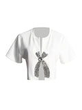 Fongt Summer New Set Diamond Sequin Bow Design Sense Short-Sleeved T-Shirt Women's Niche Design Sense Short Jacket-Outfit