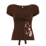 Fongt Print Niche Design Waist Tie With Short T-Shirt Hottie Simple Casual Top