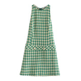 Women 2021 Fashion Double Breasted Tweed Check Slim Blazers Coat Vintage Female Outerwear And Sleeveless Vest Mini