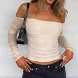 Girl Shoulder Net Pleated Solid Color Blouse Short Low-Collar Long-Sleeved T-Shirt With Exposed Navel-Outfit