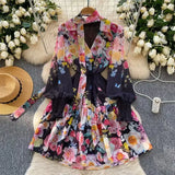 Fongt Famous Elegant Dress Woman 2025 Spring High-End Deep V Tie Ribbon Belt To Print Lotus Leaf Side Skirt