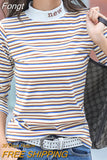 Striped T Shirts Women Cotton Letter Embroidery Slim Long Sleeve Spring Autumn Korean Casual Tshirt Half High Collar