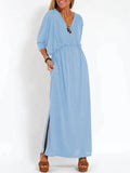 Fongt Summer 2025 Fashion Solid Color High Waist Open Fork Short Sleeve Dress