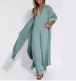 Fongt Summer New Fashion V-Neck Sleeveless Loose Thin Simple Solid Color Long