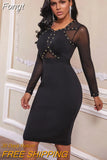 New Arrival Black Bandage Dress 2023 Women Beaded Sexy Mesh Long Sleeve Bandage Dress Bodycon Evening Party Club
