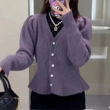 Sweater Women's 2024 Spring New French Lotus Leaf Hem Bubble Sleeve Blouse V Collar Knitted Sweater-Outfit