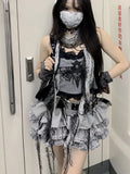 Sweet Lace Slim Fit Camisole Tops Women+ Y2k Kpop High Waist Ruched Cake Skirts 2024 Summer New Two Piece Sets-Outfit