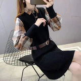 Fongt And Elegant Suit Fake Two Long Waist Dress Plaid Shirt Sweater Knit Two Set Inside-Outfit