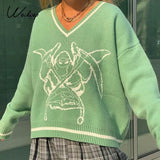 Y2k Chic Print Streetwear Oversized Sweater Women's Casual Autumn Winter Knitted Jumper Fashion Loose Knitwear