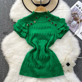 Ruffles Short Sleeve Buttons Sweater Jumpers Girls Stretchy Chic Sweaters Pullovers Tops Women Knitted Tee Shirts-Outfit