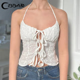 Solid White Bandage Bow Camis Sexy Split Sleeveless Halter Crop Top Women Summer Party Clubwear Y2k Vintage Tees Grunge-Outfit